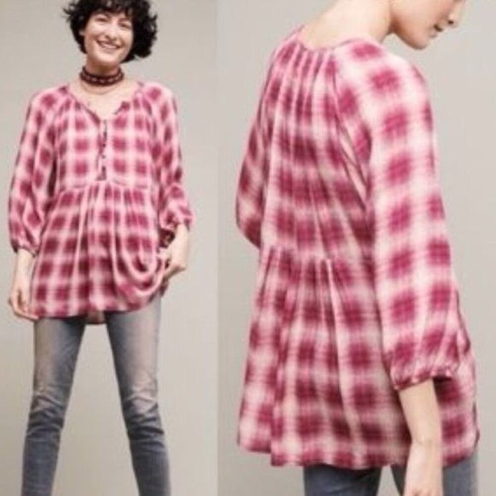 Anthropologie Maeve Cavalon Peplum Plaid Blouse in Pink Extra Small